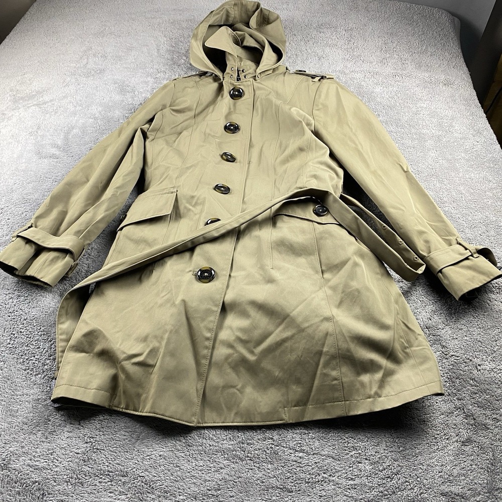 Michael Kors Trench Hooded Coat Womens Petite Medium Beige Long Sleeve